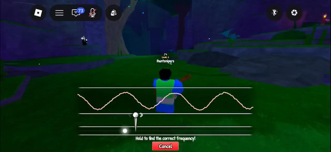 Frequency-tuning minigame active, holding the control to match the red signal waveform