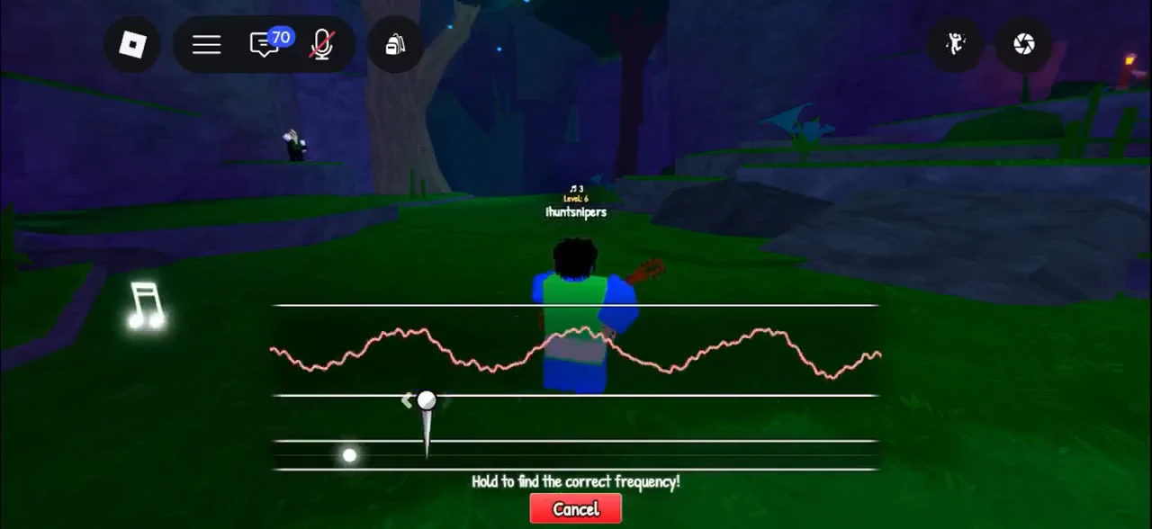 Frequency-finding tuner showing a waveform and tuning slider with a Cancel button below