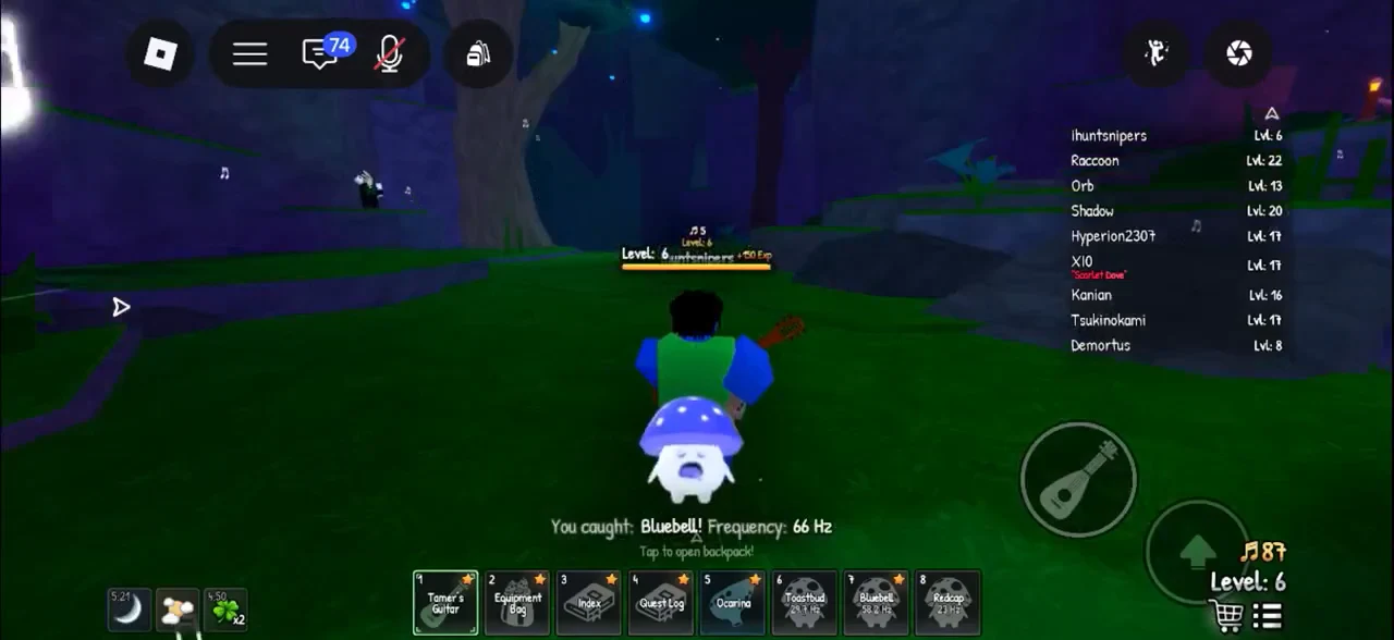 Screen reading You caught: Bluebell! Frequency: 66 Hz with a backpack prompt