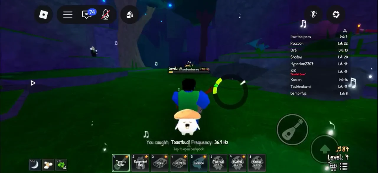 Toastbud catch confirmed at 36.9 Hz and shown in hotbar slot 7