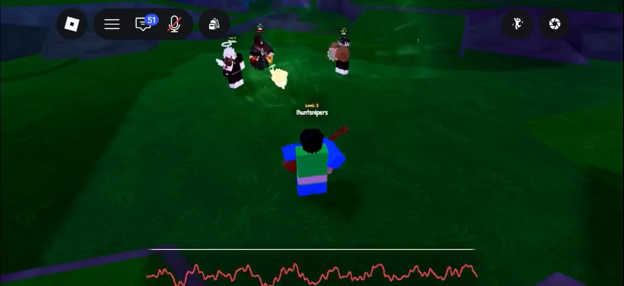 Blocky avatar running toward a group of players across the grassy Songkeeper's Grove