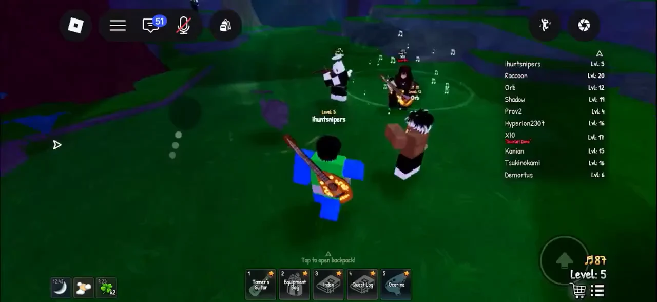 Level 5 avatar holding the Tamer's Guitar with the hotbar and player leaderboard on screen