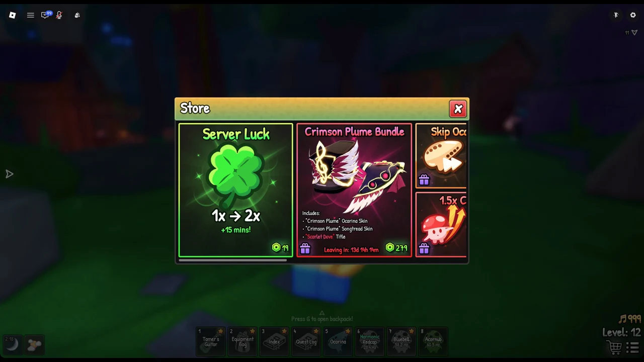The SCROOMS Store open at the left end, showing Server Luck and the Crimson Plume Bundle