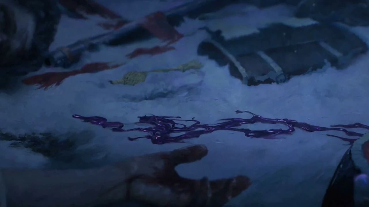 Purple Nephtoglobin fluid spreads across snow beside a fallen soldier's scattered gear