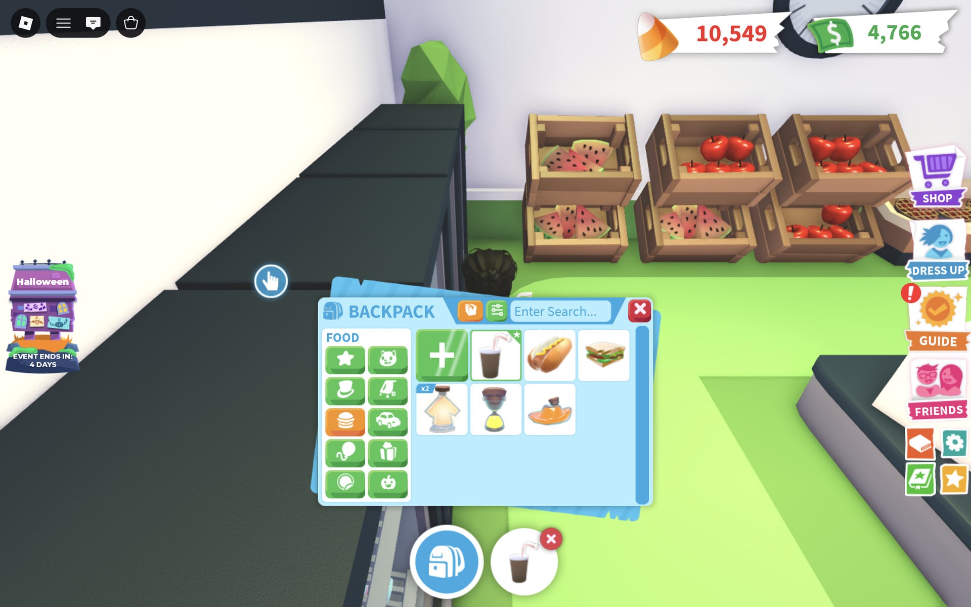 Adopt Me Backpack FOOD tab showing Chocolate Milk, Hotdog and Sandwich