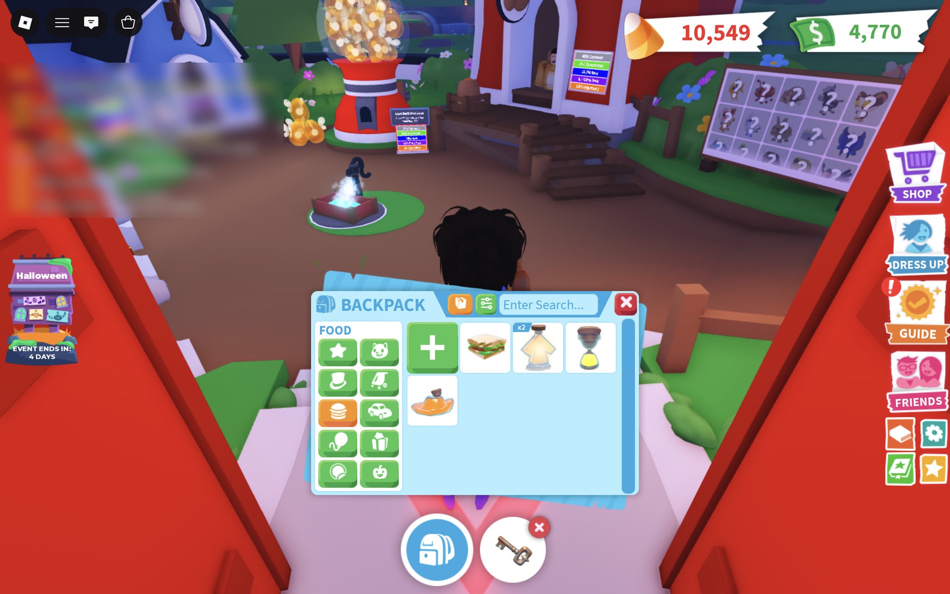 Adopt Me Backpack open on the FOOD tab with the green plus tile first in the grid