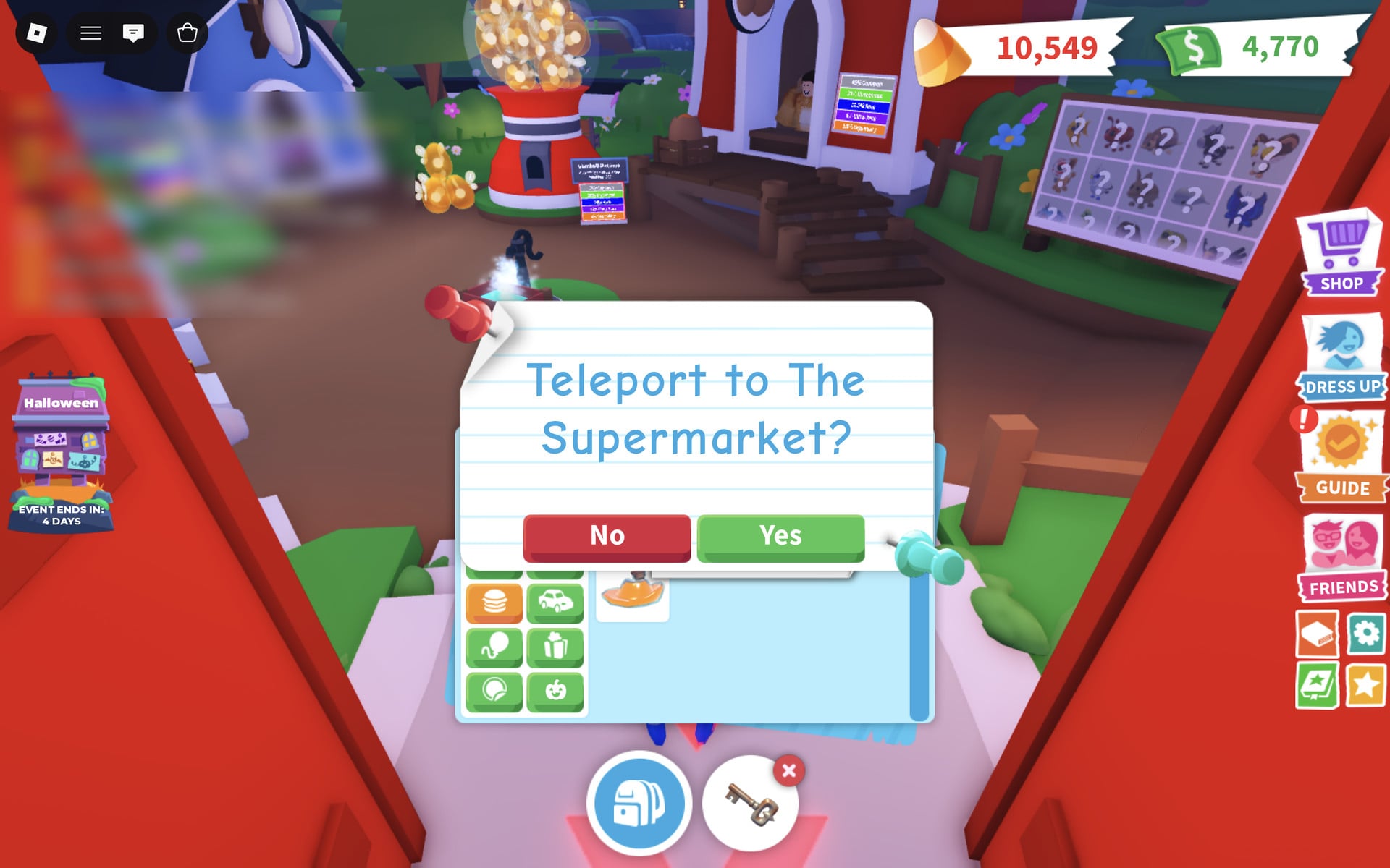 Adopt Me card reading Teleport to The Supermarket? with No and Yes buttons