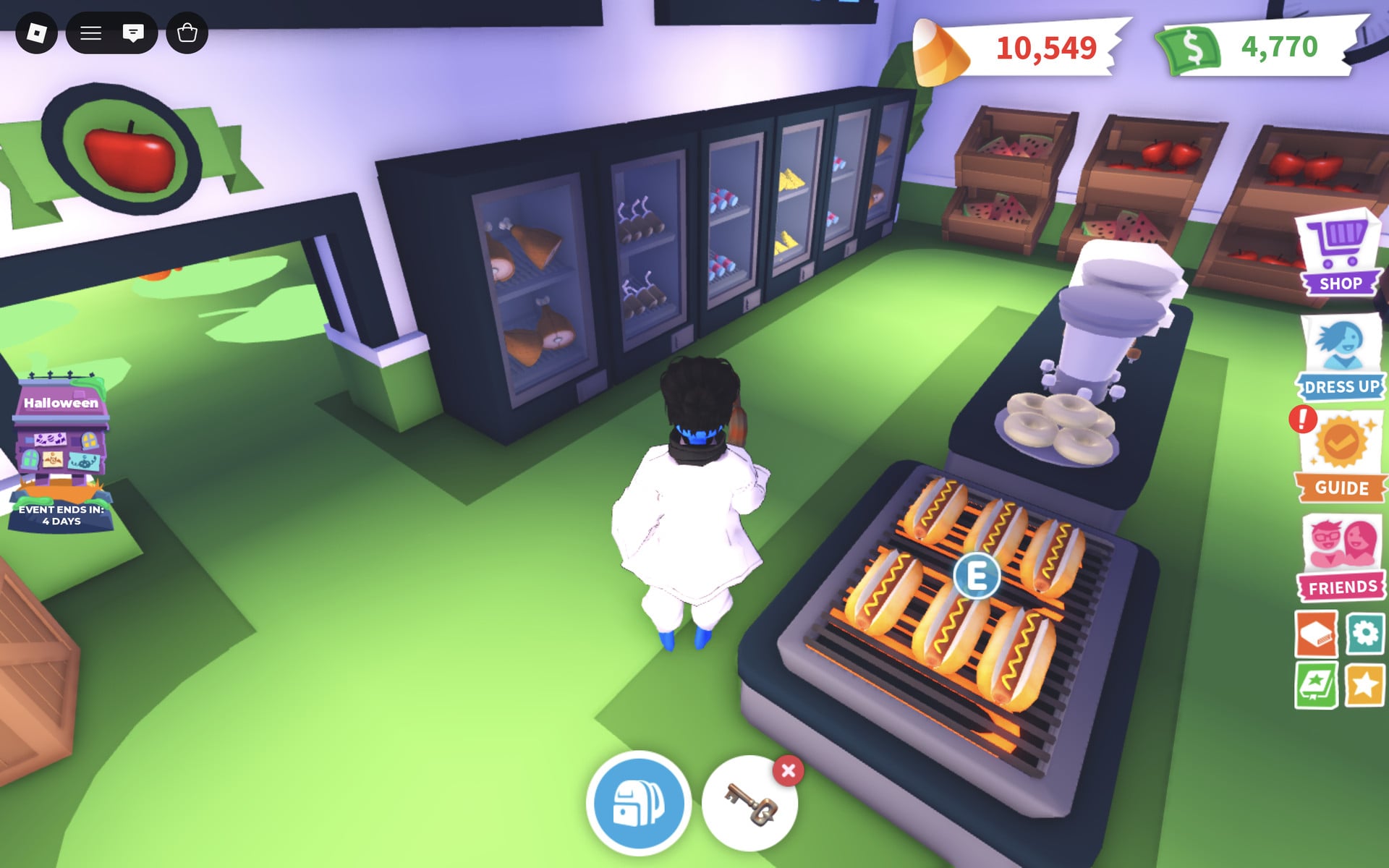 Adopt Me Supermarket hot dog grill showing an E prompt, with glass fridges behind