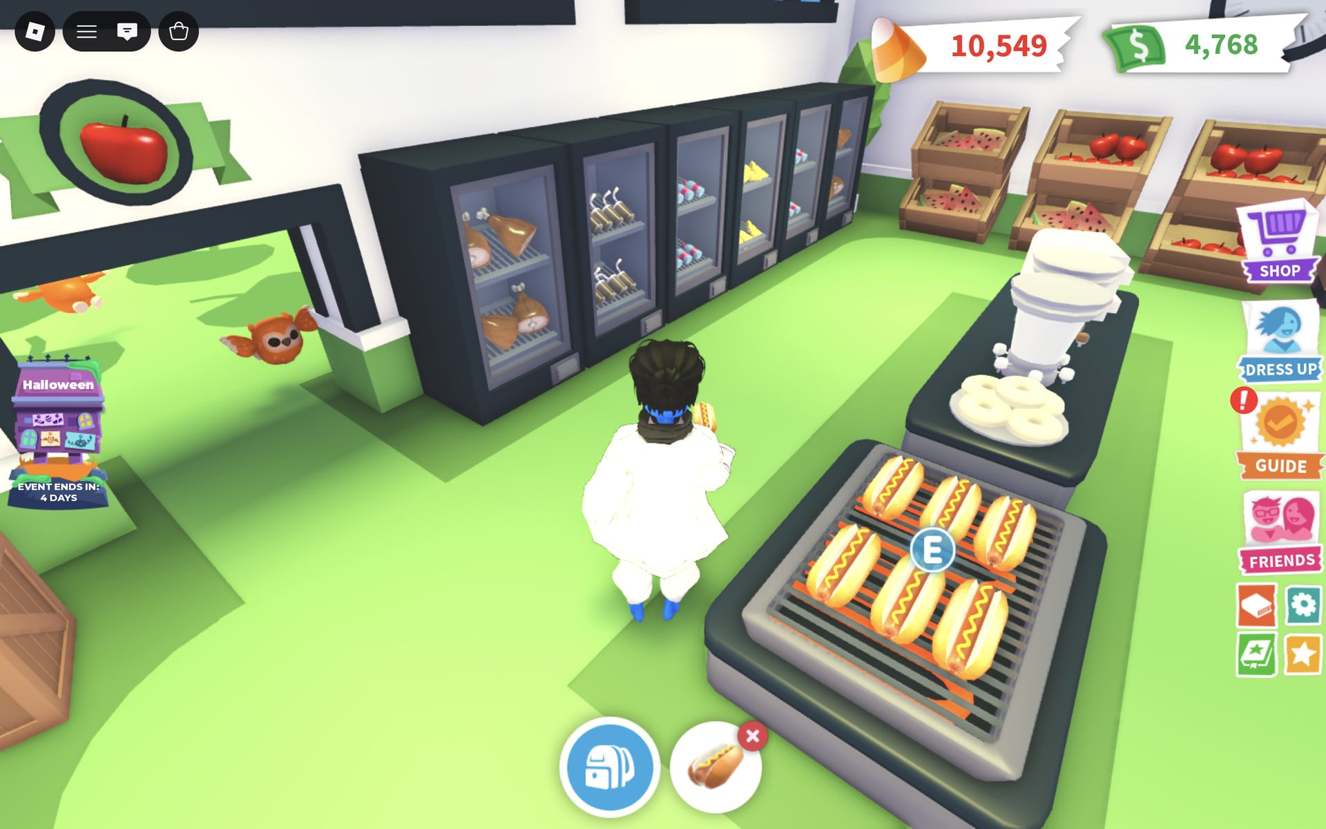 Adopt Me Bucks counter at 4,768 after buying a hot dog, which shows on the hotbar