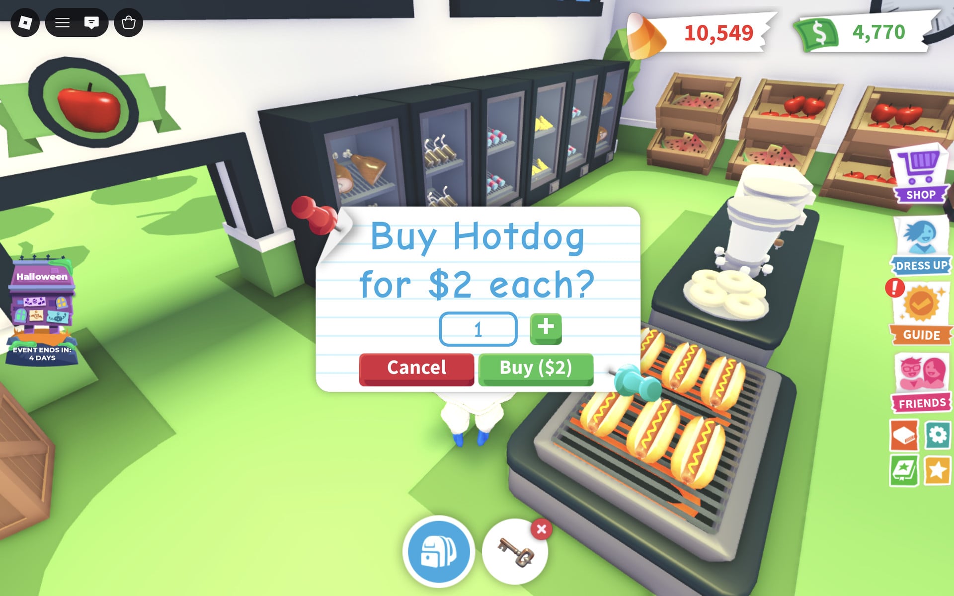 Adopt Me purchase card reading Buy Hotdog for $2 each? with a quantity box and Buy ($2) button
