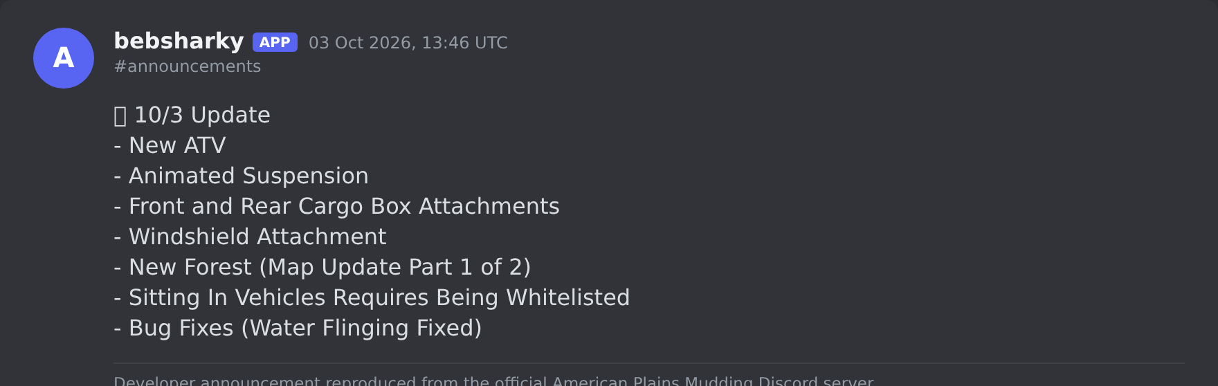 The American Plains Mudding update post in the game's Discord server