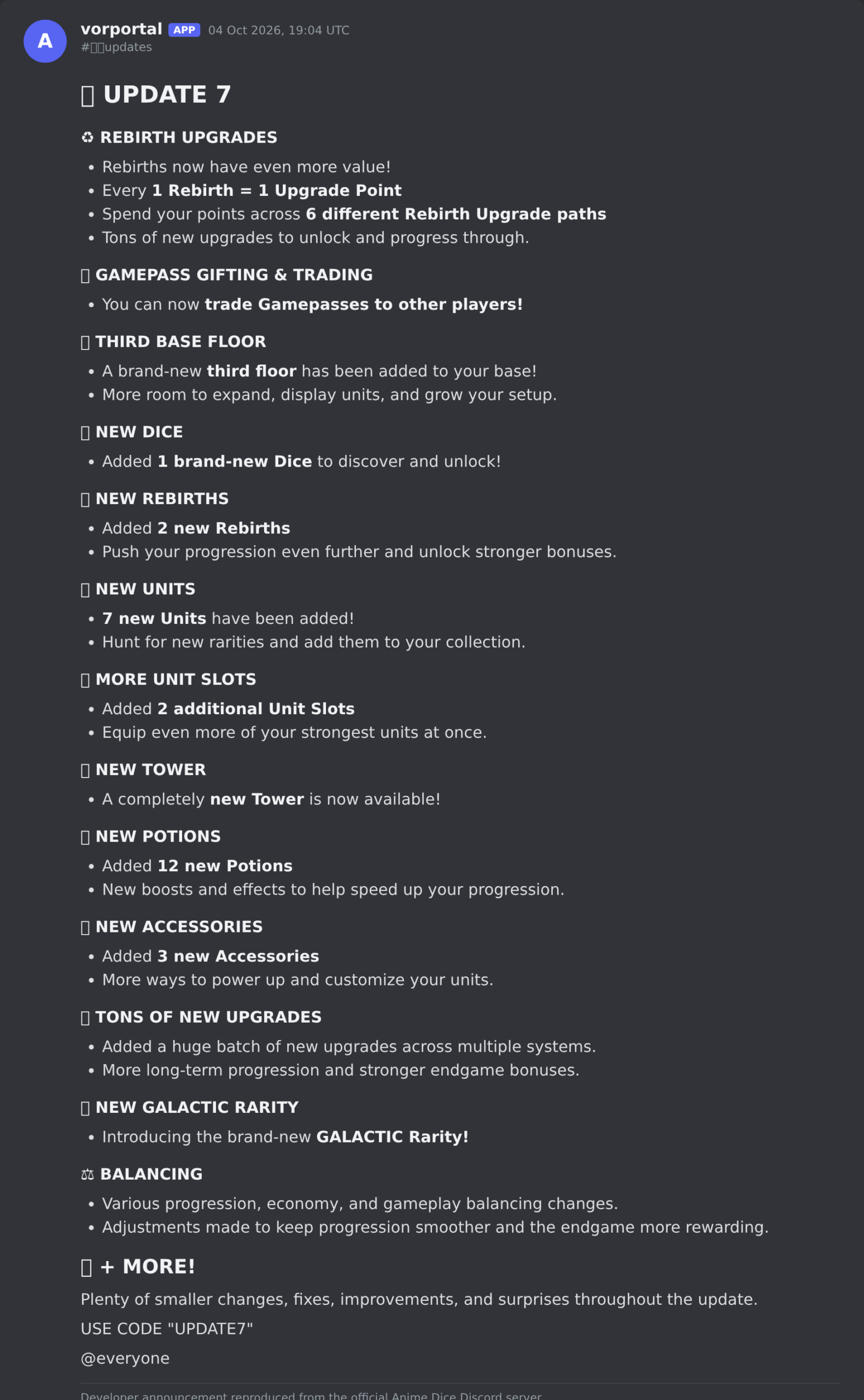The Anime Dice update post in the game's Discord server