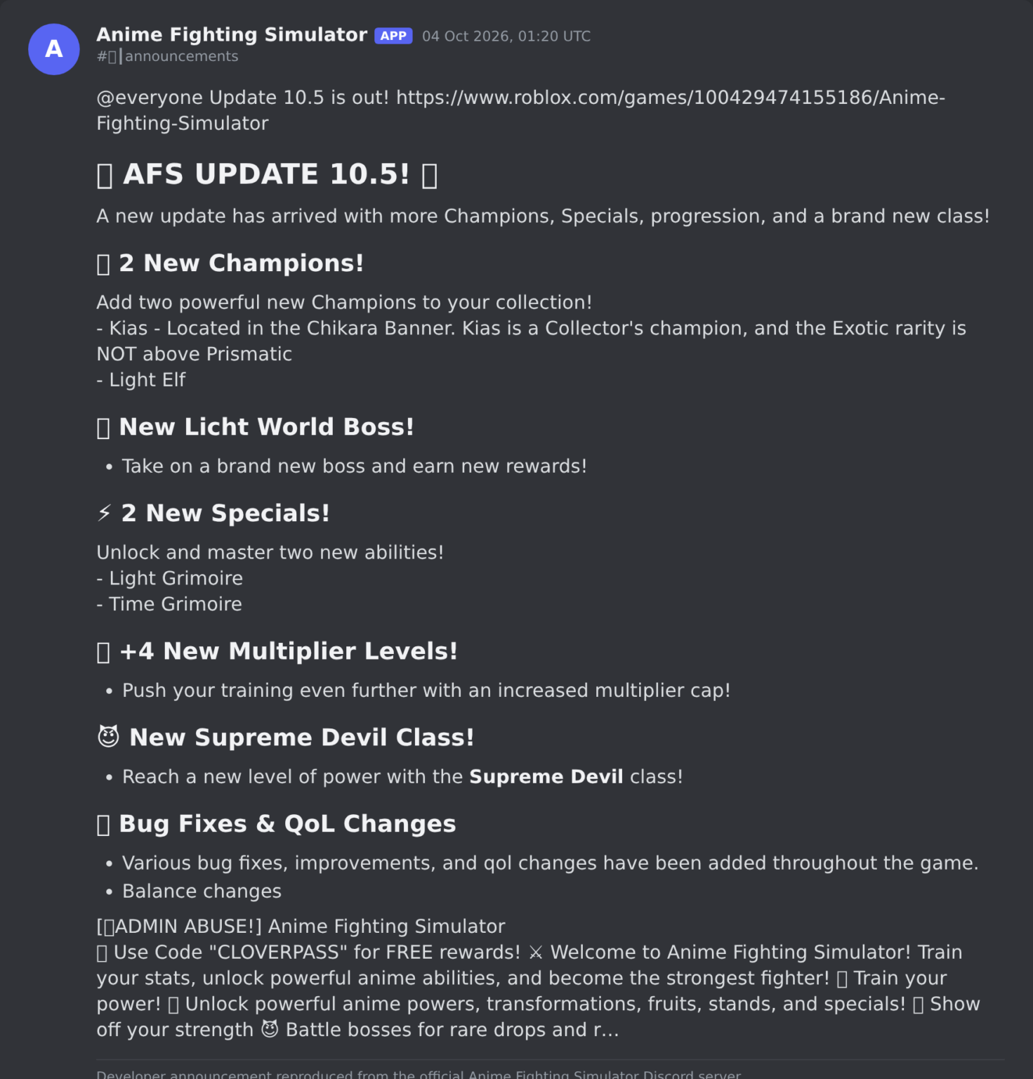 Anime Fighting Simulator Update 10.5: New Champions and Supreme Devil Class