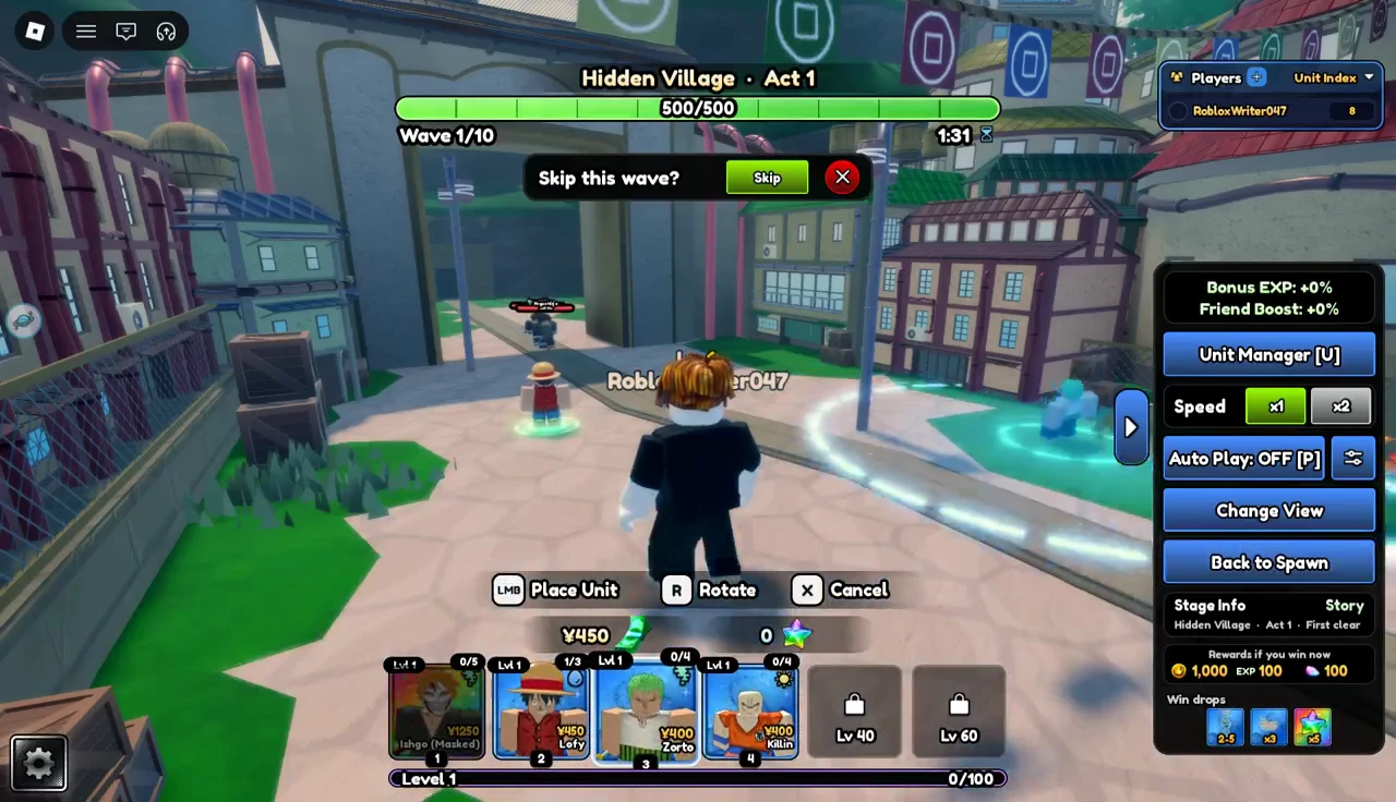 Placing a unit from the bottom roster on the Hidden Village battlefield, with the place unit control active