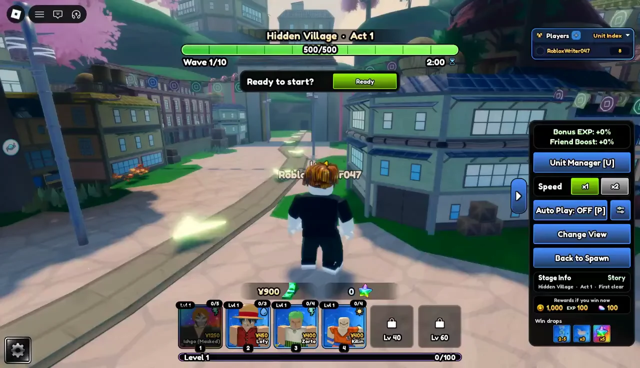 Hidden Village Act 1 battle screen before the first wave, with the green Ready button on screen
