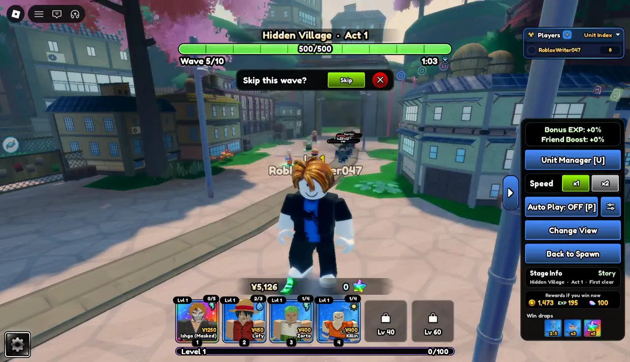 Skip prompt open on the Hidden Village battle screen during the fifth wave
