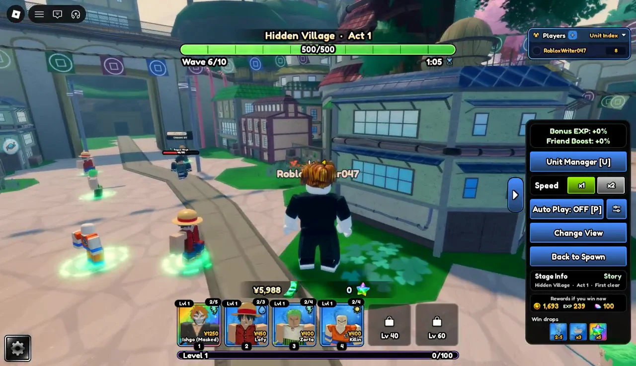 Placed units defending the village during wave 6 of 10, with the speed setting visible