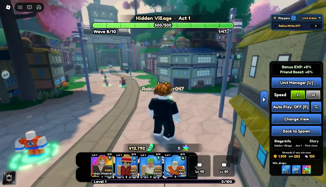 Active battle during wave 8 of 10 in Hidden Village Act 1 with the speed setting selected