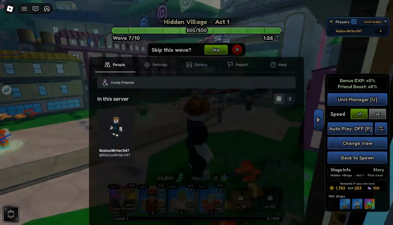 People menu open over the battle while the wave skip prompt waits during wave 7