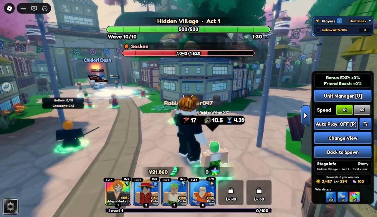 Wave 10 of 10 in Hidden Village Act 1 with Auto Play turned off on the right panel