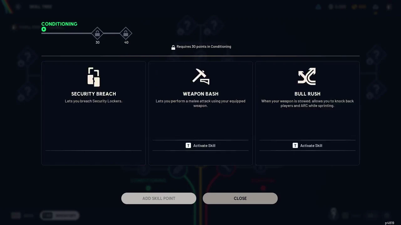 Conditioning end-node panel showing Security Breach, Weapon Bash and Bull Rush with marks at 30 and 40