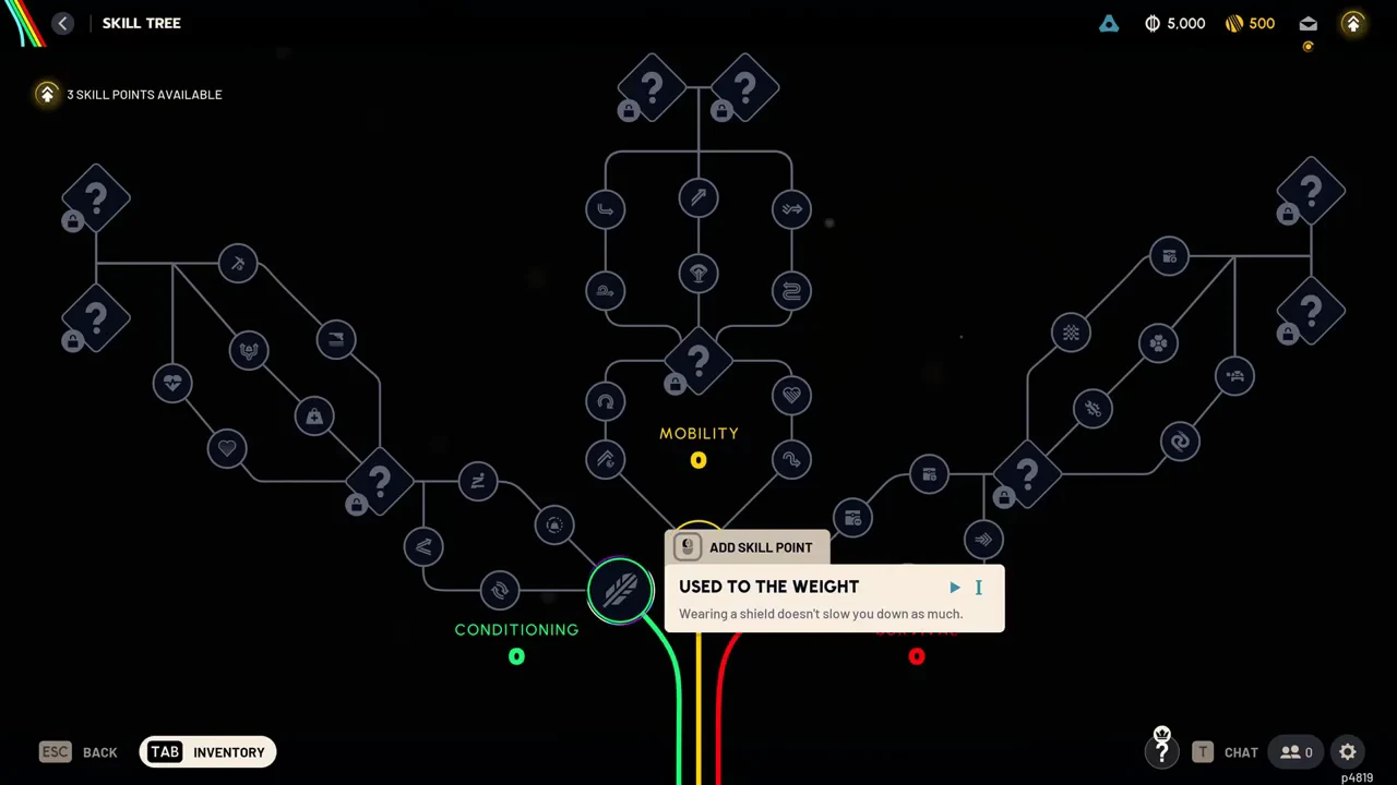 Skill Tree screen with Used to the Weight selected and its Add Skill Point prompt open