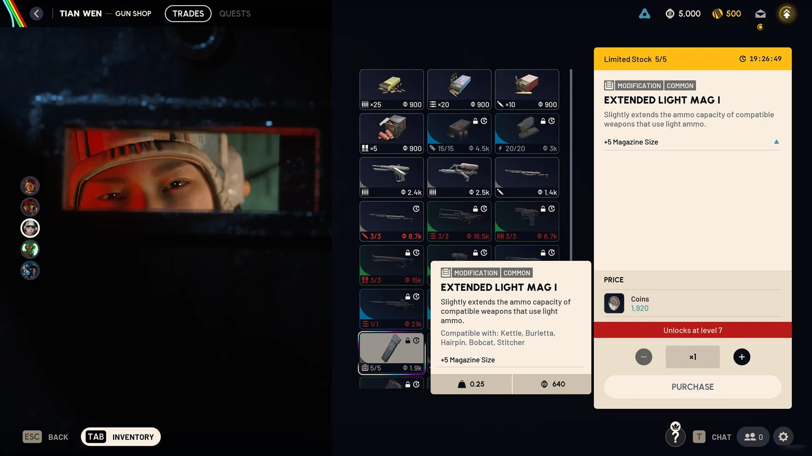 Gun shop trade grid with a tooltip over Extended Light Mag I listing compatible weapons, weight and value; item panel at right.