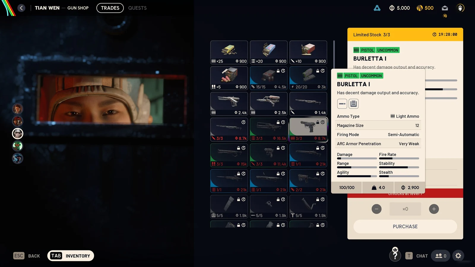 Gun shop menu with a hover tooltip over the Burletta I pistol showing ammo type, magazine size, firing mode and stat bars.