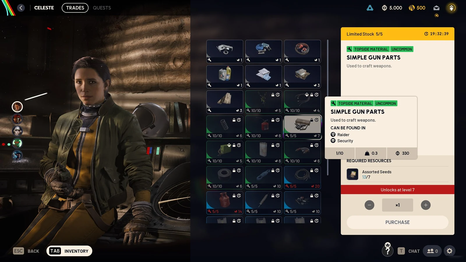 Trader menu with Celeste on the left, a materials grid, and a Simple Gun Parts tooltip beside a detail panel.