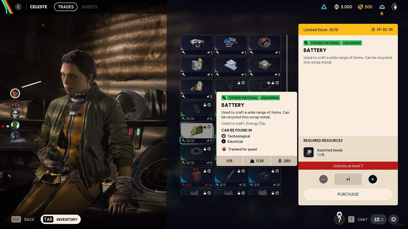 Trader menu with Celeste on the left, a materials grid, and a Battery tooltip beside a detail panel.