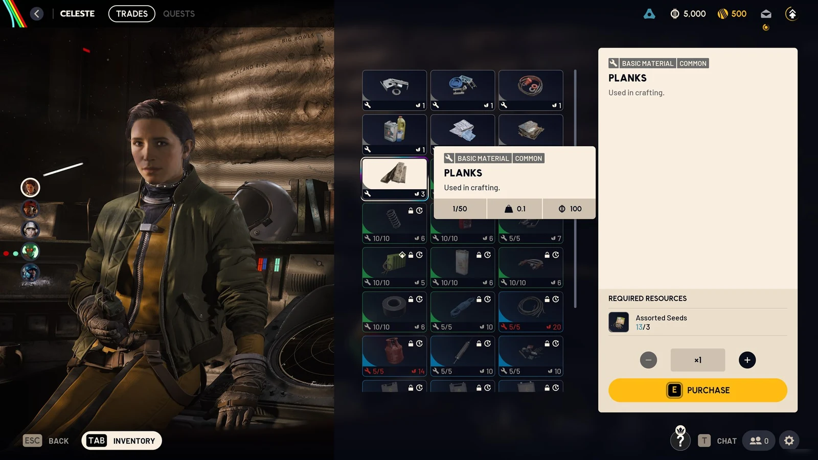 Trader menu with Celeste on the left, an item grid with Planks highlighted, and a detail panel with purchase button.