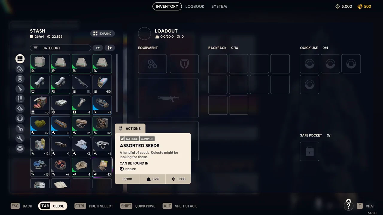 Assorted Seeds selected in the Stash on the Inventory screen with its Actions panel open