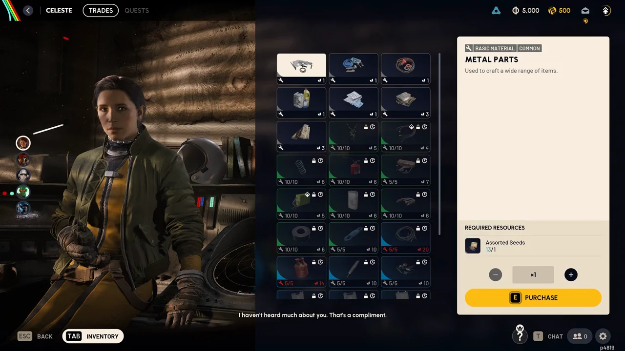 Metal Parts selected on Celeste's Trades screen with the Purchase button ready