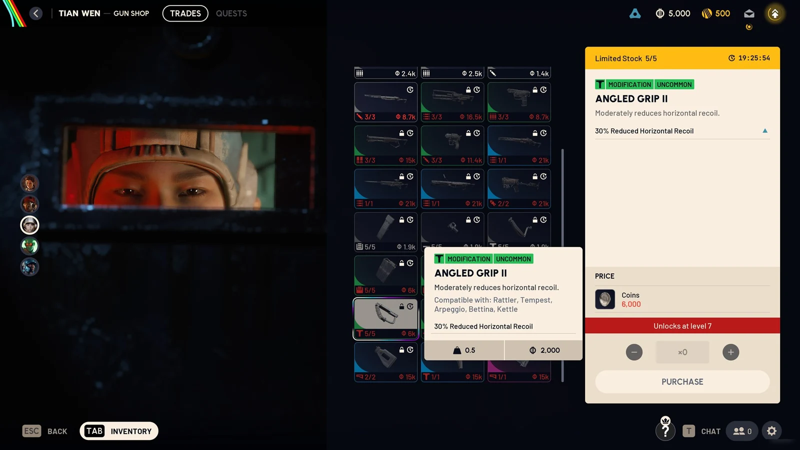 Gun shop trades screen with a tooltip over Angled Grip II listing compatible weapons, weight 0.5 and value 2,000.