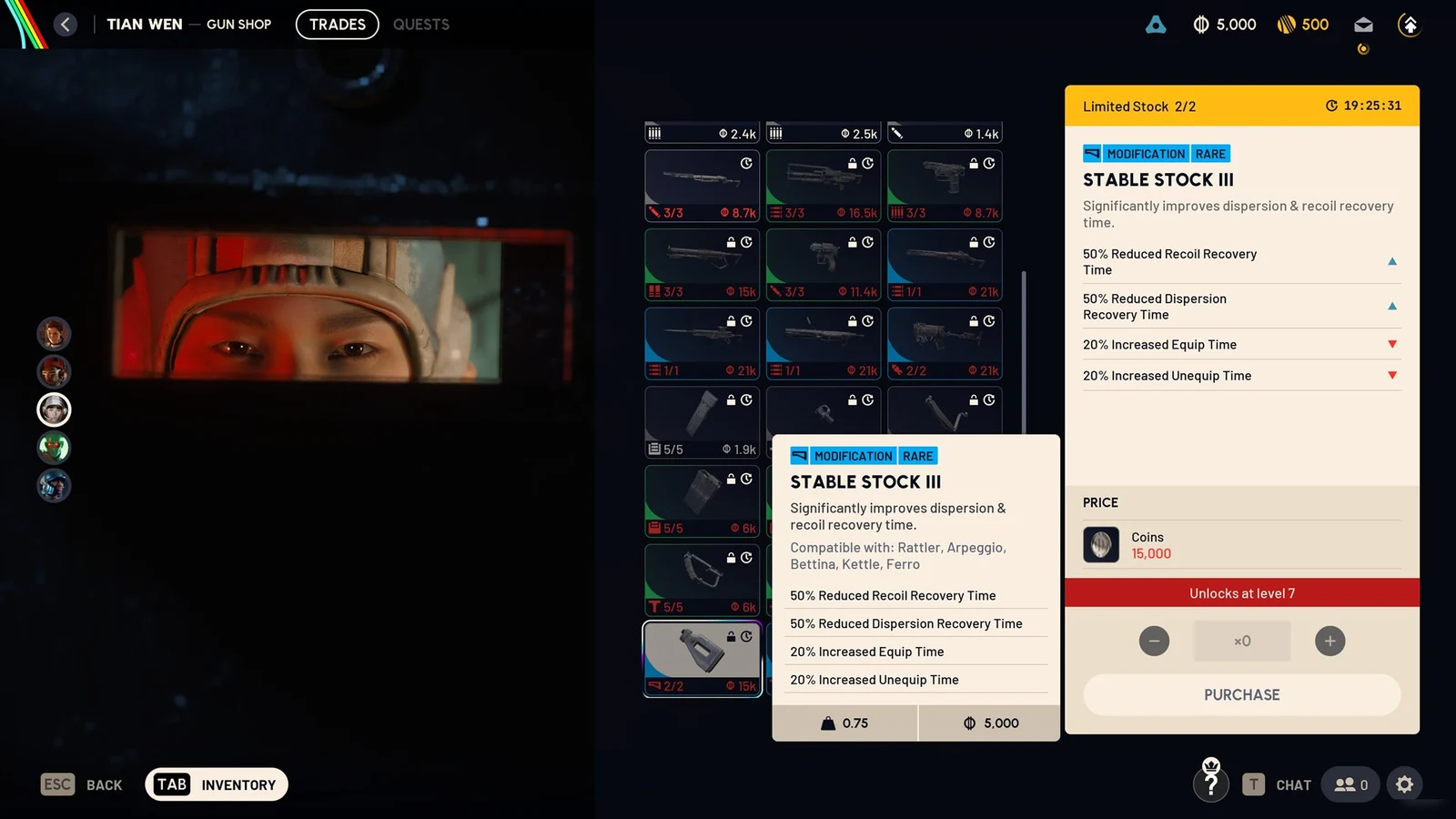 Gun shop trade grid with a tooltip over Stable Stock III listing compatible weapons and stat changes, beside the item detail panel.
