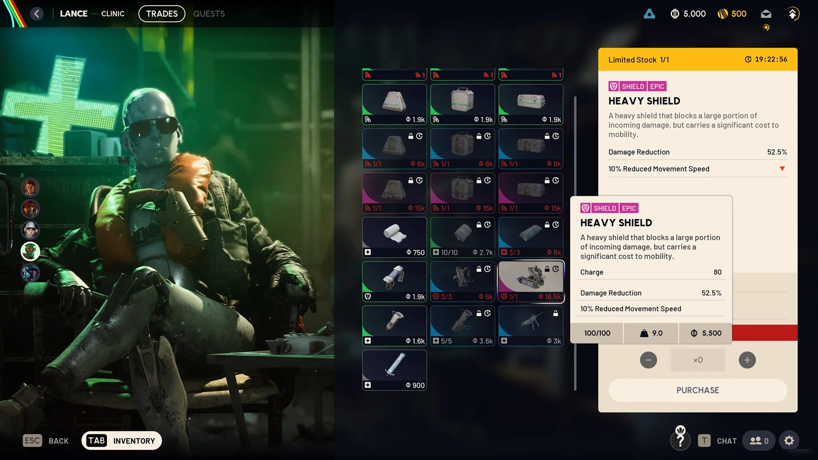 Trader menu with a Heavy Shield tooltip over the item grid, showing damage reduction, weight and price stats.