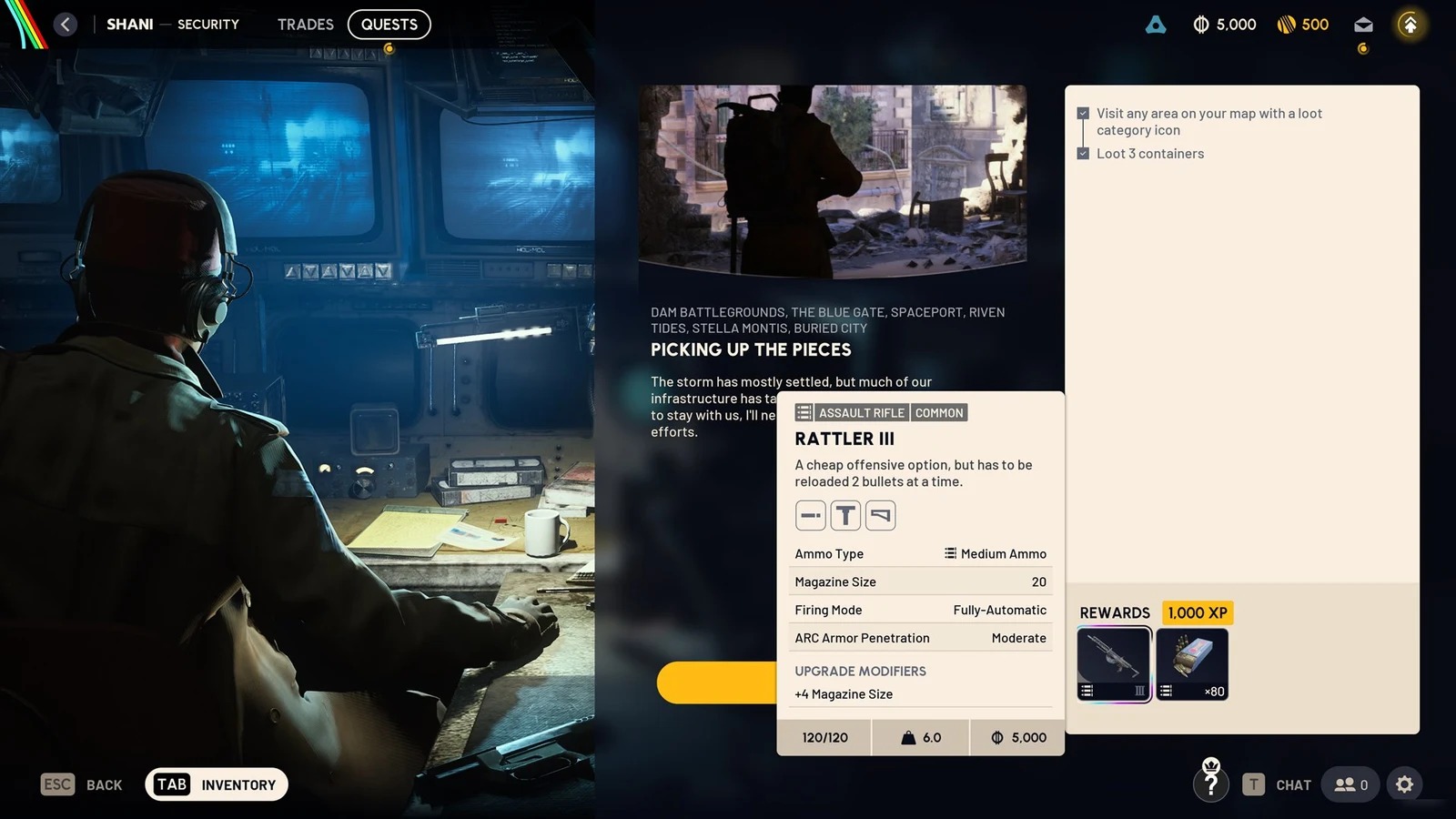 Quest log with Picking Up the Pieces objectives, a Rattler III assault rifle tooltip, and rewards, beside a seated operator at monitors.