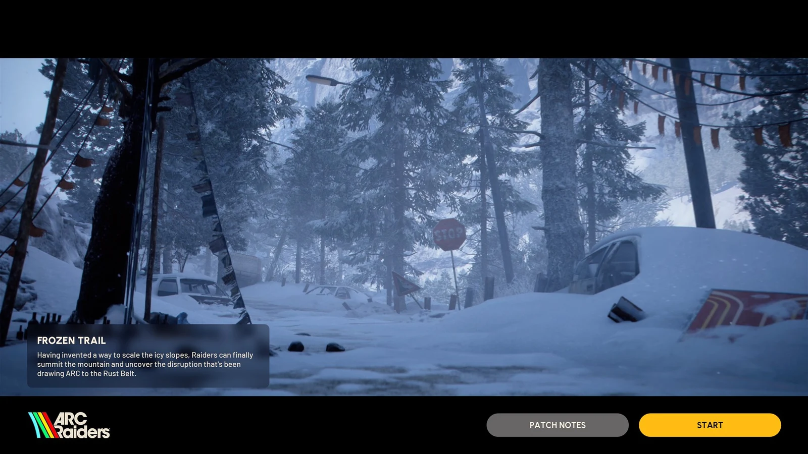 Snowy pine forest with buried cars and a stop sign, overlaid with a Frozen Trail description panel and Patch Notes and Start buttons.