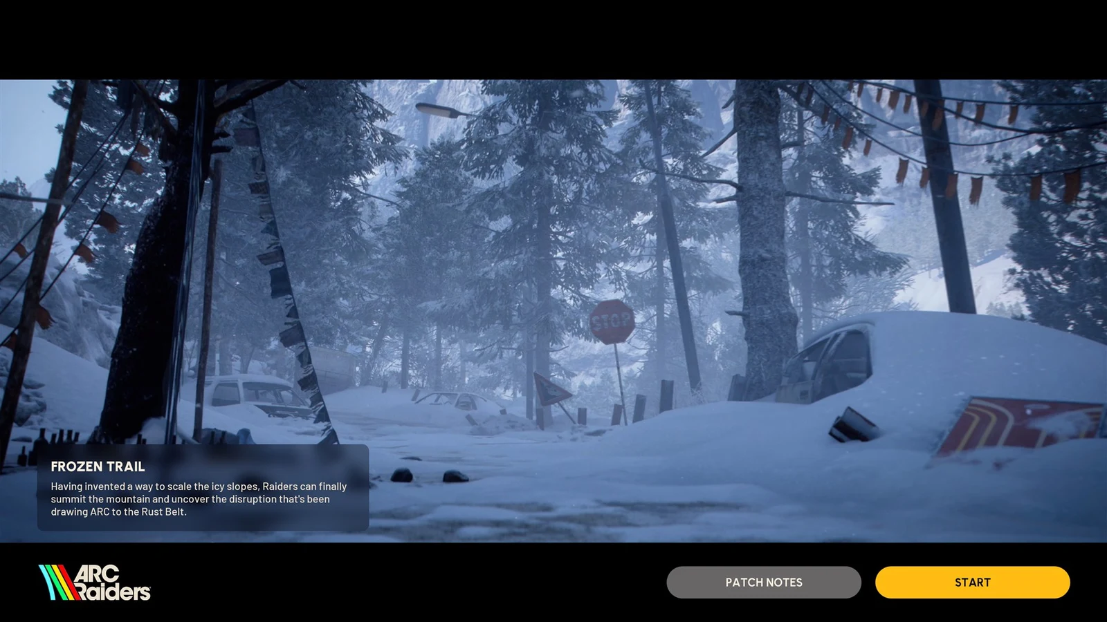 Snowy pine forest with buried cars and a stop sign, overlaid with a Frozen Trail description panel and Patch Notes and Start buttons.