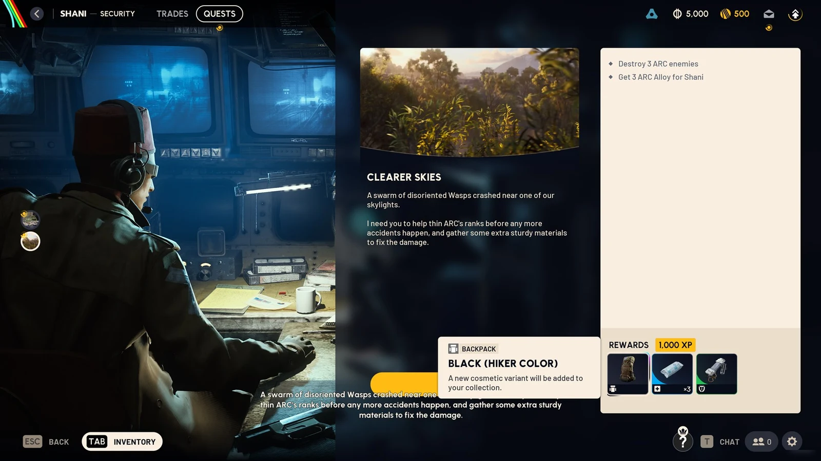 Clearer Skies quest menu with a tooltip for the Black (Hiker Color) backpack cosmetic over the rewards row.