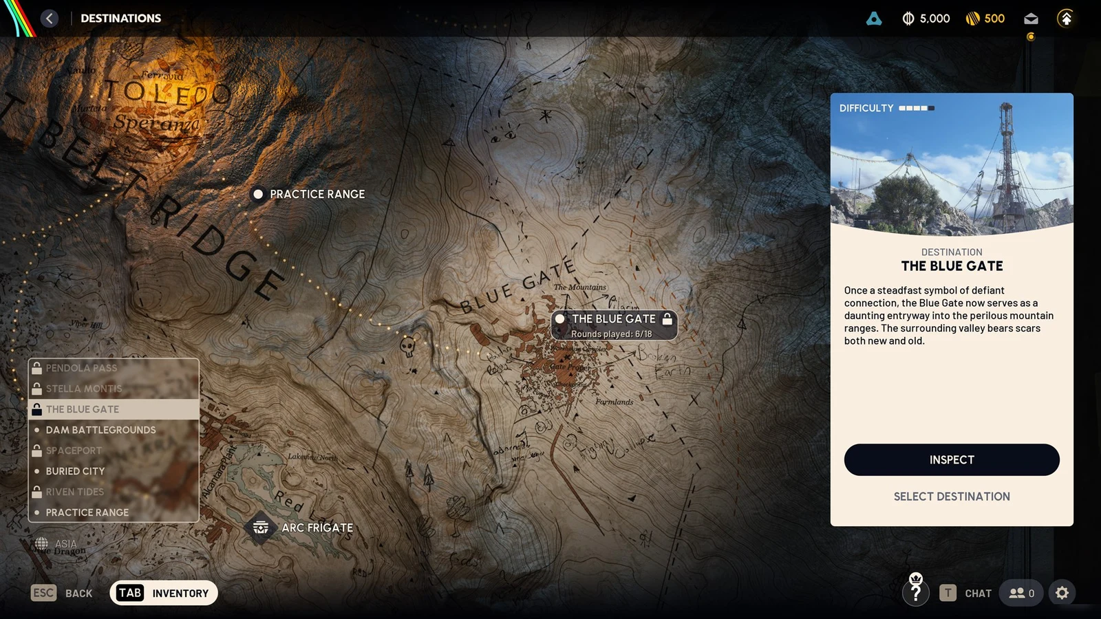 Destinations map zoomed on The Blue Gate with a location list on the left and a description card on the right.