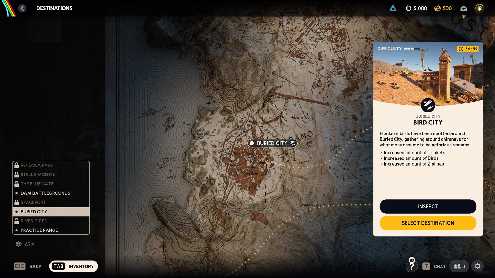 Map of Buried City with a Bird City condition card and a location list with several locked destinations on the left.