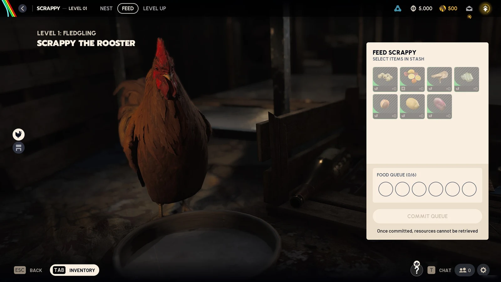 Menu for feeding a rooster, with a grid of food items, an empty six-slot food queue and a Commit Queue button.