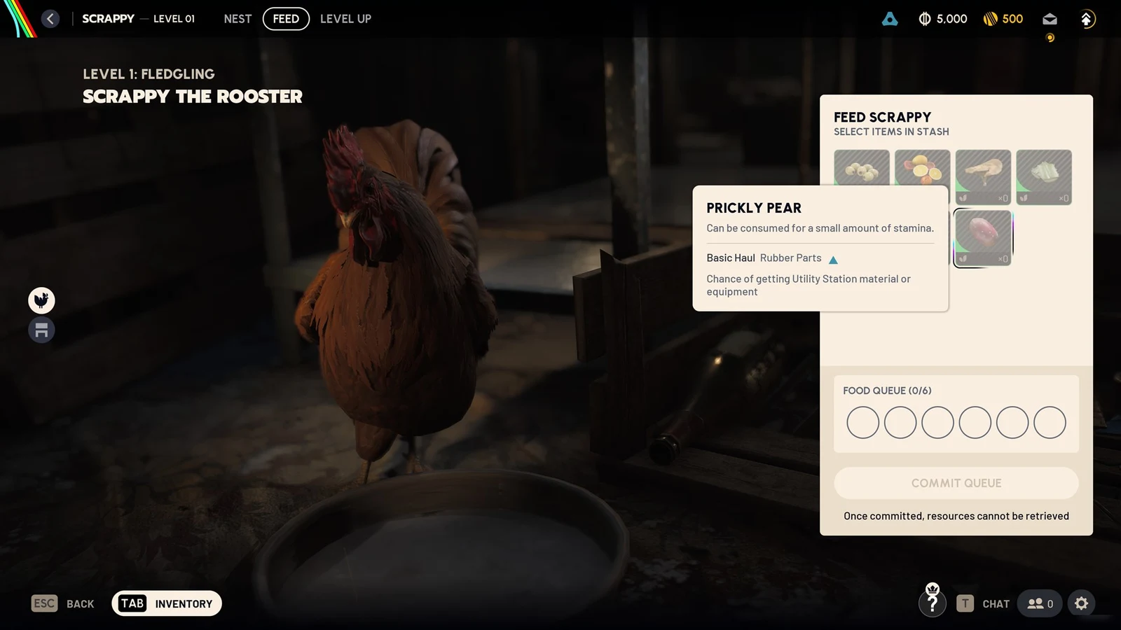 Menu showing a rooster named Scrappy with a Feed Scrappy panel, Prickly Pear tooltip, and an empty food queue.