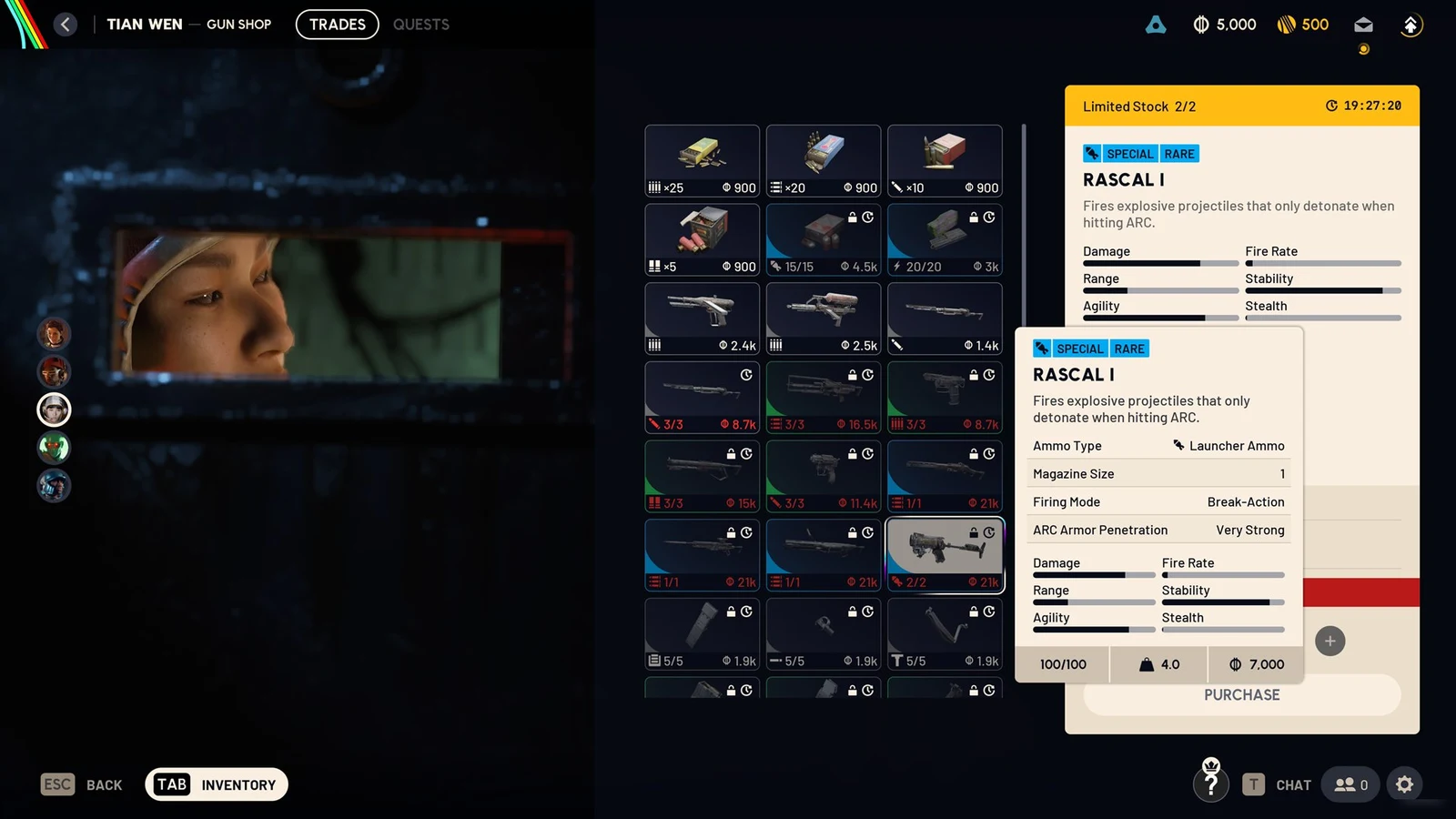 Gun Shop trade menu with a Rascal I launcher tooltip showing ammo type, magazine size, firing mode and stat bars.
