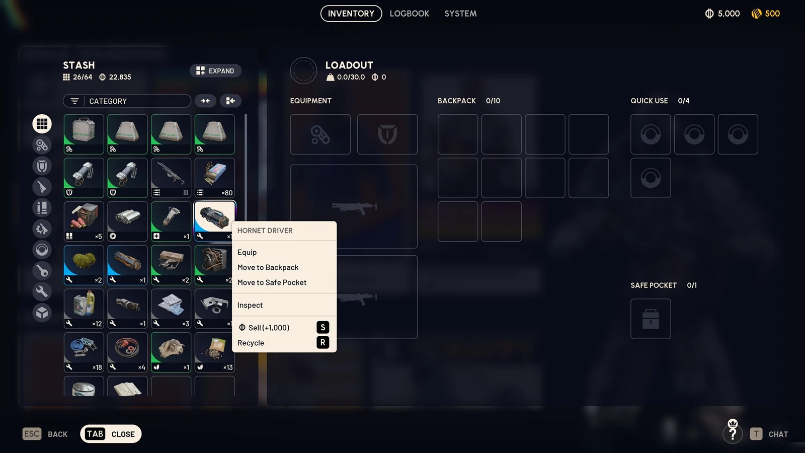 Inventory menu with stash grid on the left, empty loadout slots on the right and a context menu for Hornet Driver.