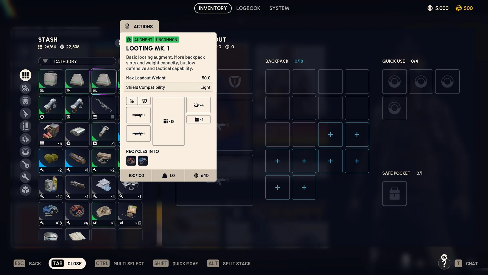 Inventory screen with stash grid and a tooltip for the Looting Mk. 1 augment showing its slots and stats.