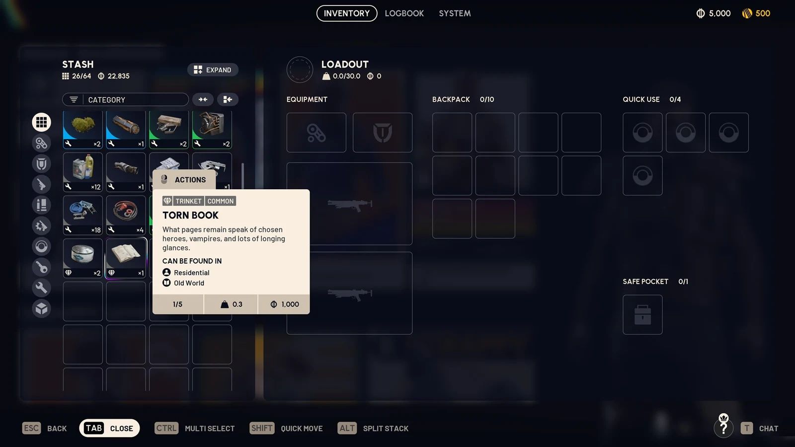 Inventory screen with stash grid and a tooltip for Torn Book, a common trinket, beside an empty loadout and backpack.