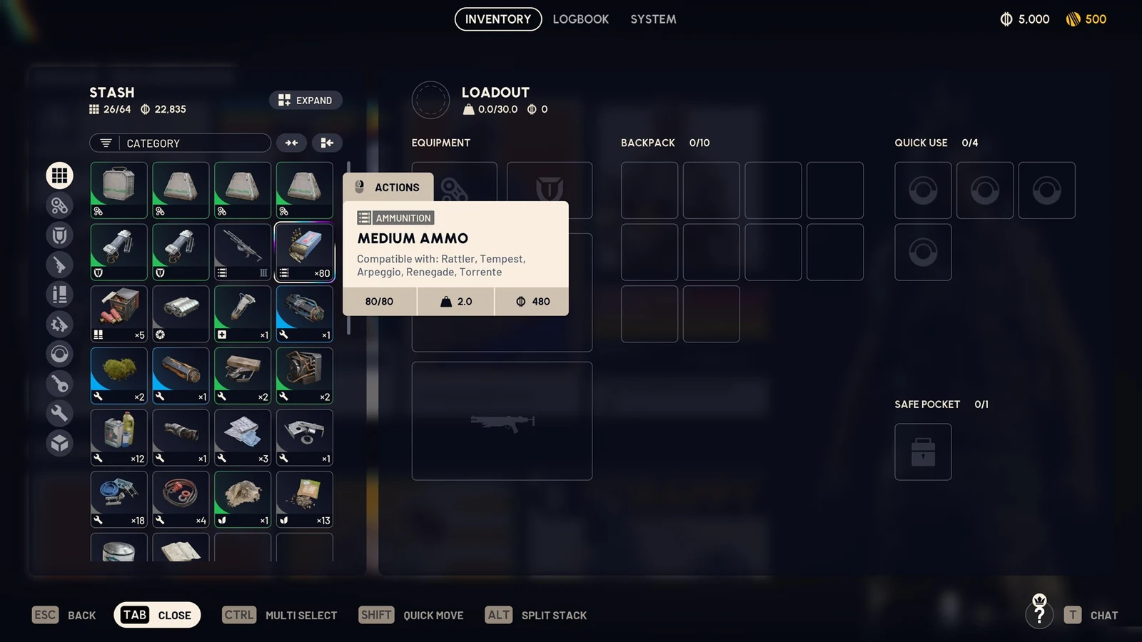 Inventory stash grid with a Medium Ammo tooltip listing compatible weapons, stack of 80, weight and value.