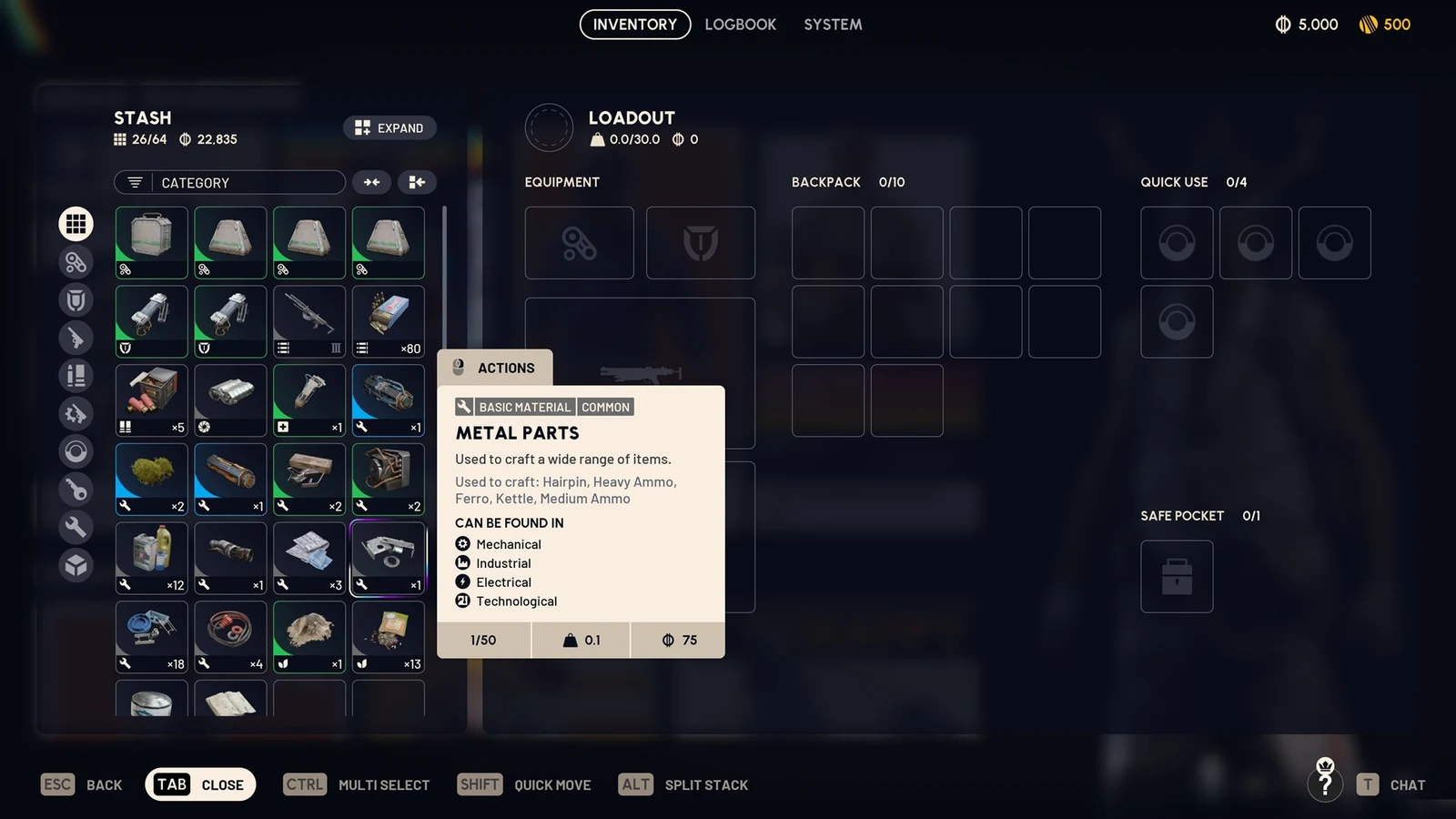 Inventory screen with stash grid and a cream tooltip for Metal Parts listing crafting uses and where it is found.